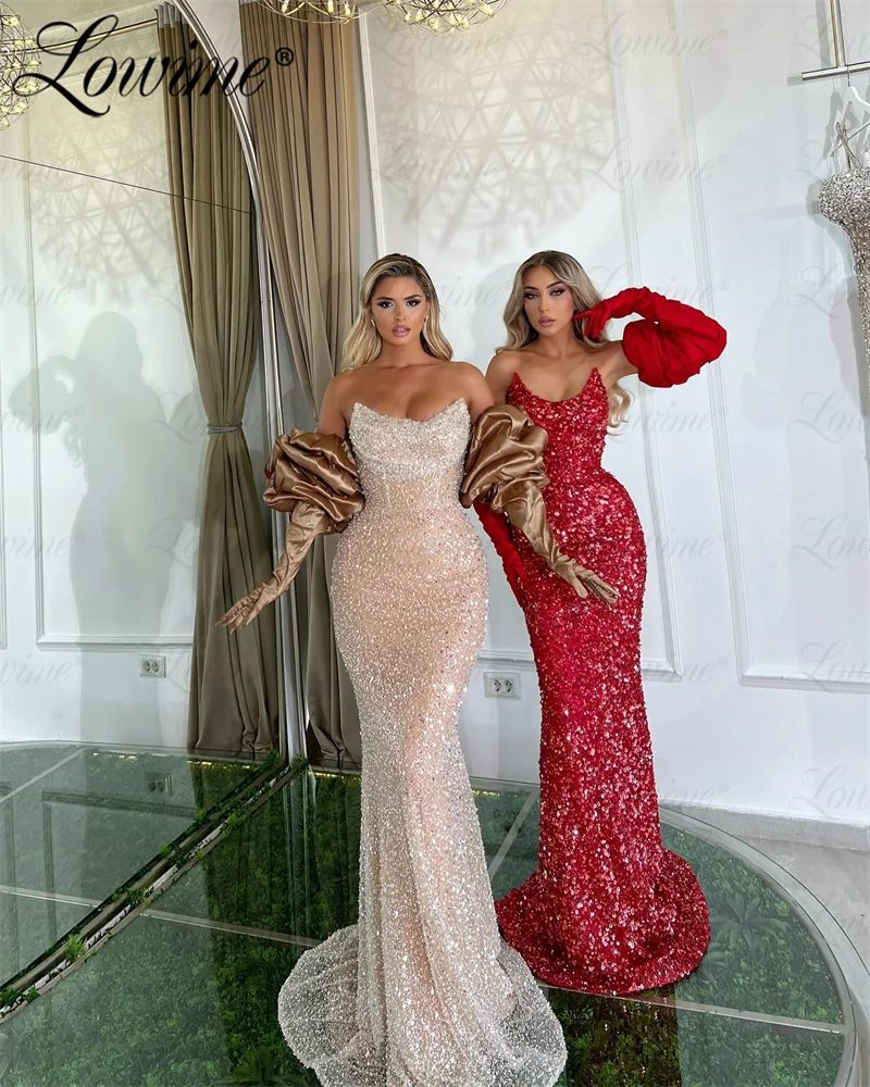 Arabic Evening Dress Robes De Soirée 2024 Mermaid Prom Dresses With Gloves Long Sleeves Champagne Red Shiny Sequined Party Dress