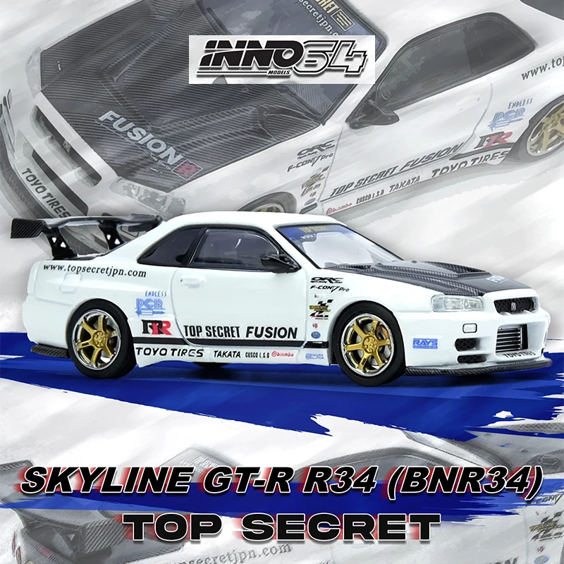 Prevendita INNO 1:64 TOP SECRET R34 GTR Bianco Diecast Diorama Collezione di modelli di auto Giocattoli in miniatura