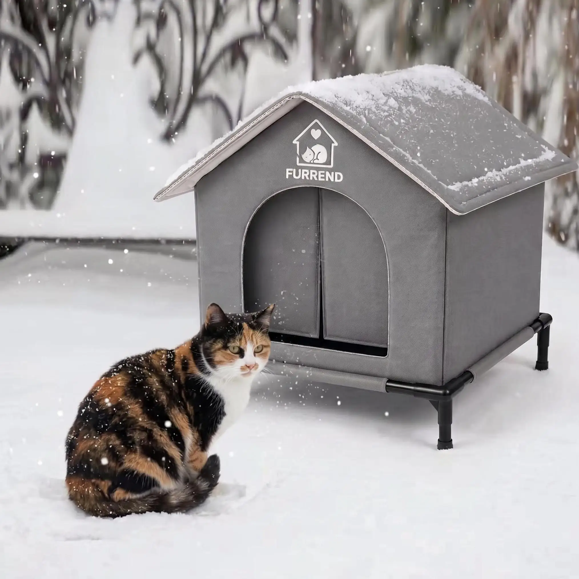Waterproof Outdoor Pet House for Small Dogs Cats All-Season Oxford Dog Kennel Windproof Cat Shelter Scratch-Resistant Puppy Cave Tent Sturdy Washable Pet Bed Includes Warm Soft Blanket & Brackets