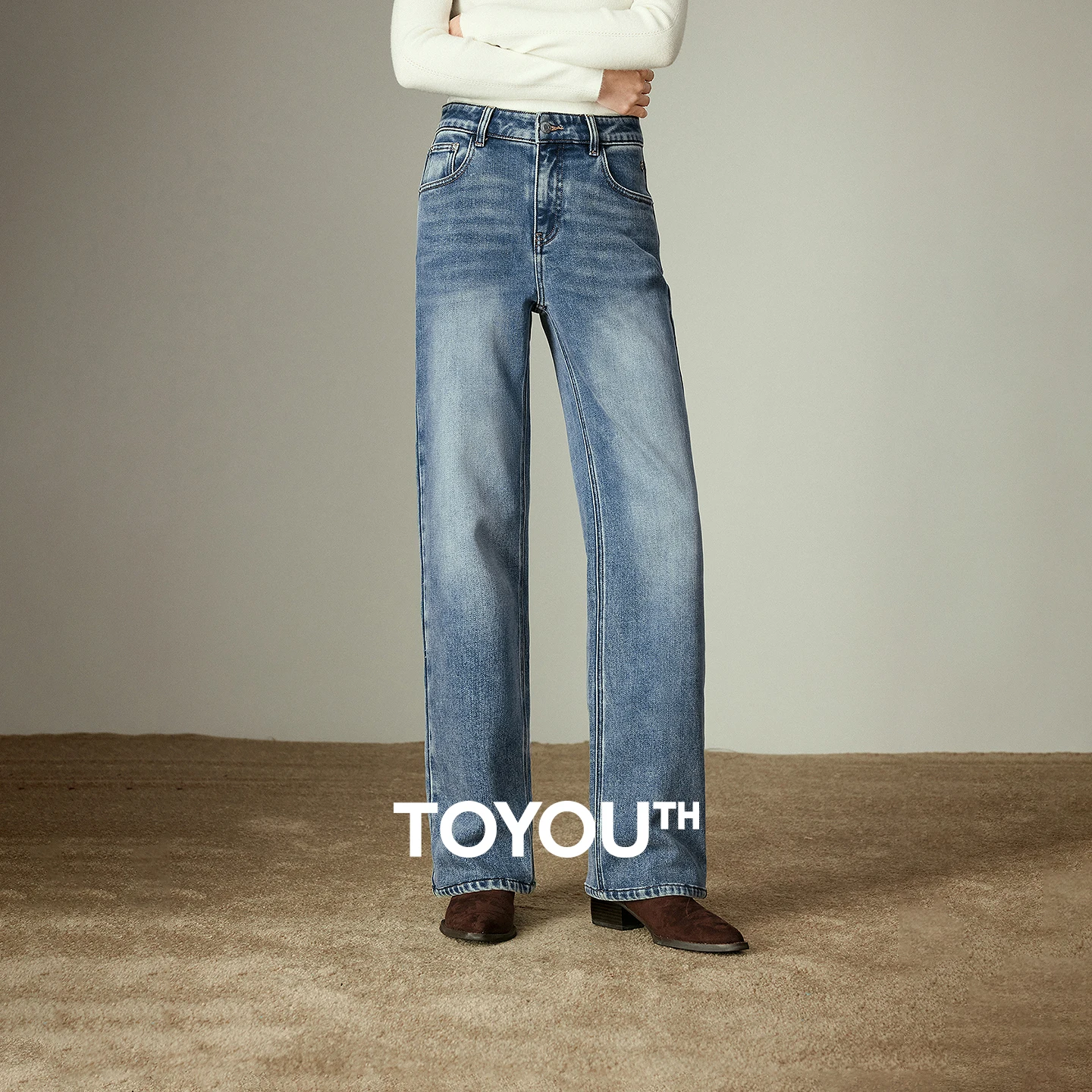 TOYOUTH Women Straight Jeans (Focal Denim Series) 2025 Winter New Vintage Washed Denim Lycra Elastic Fleece-Lined Trousers
