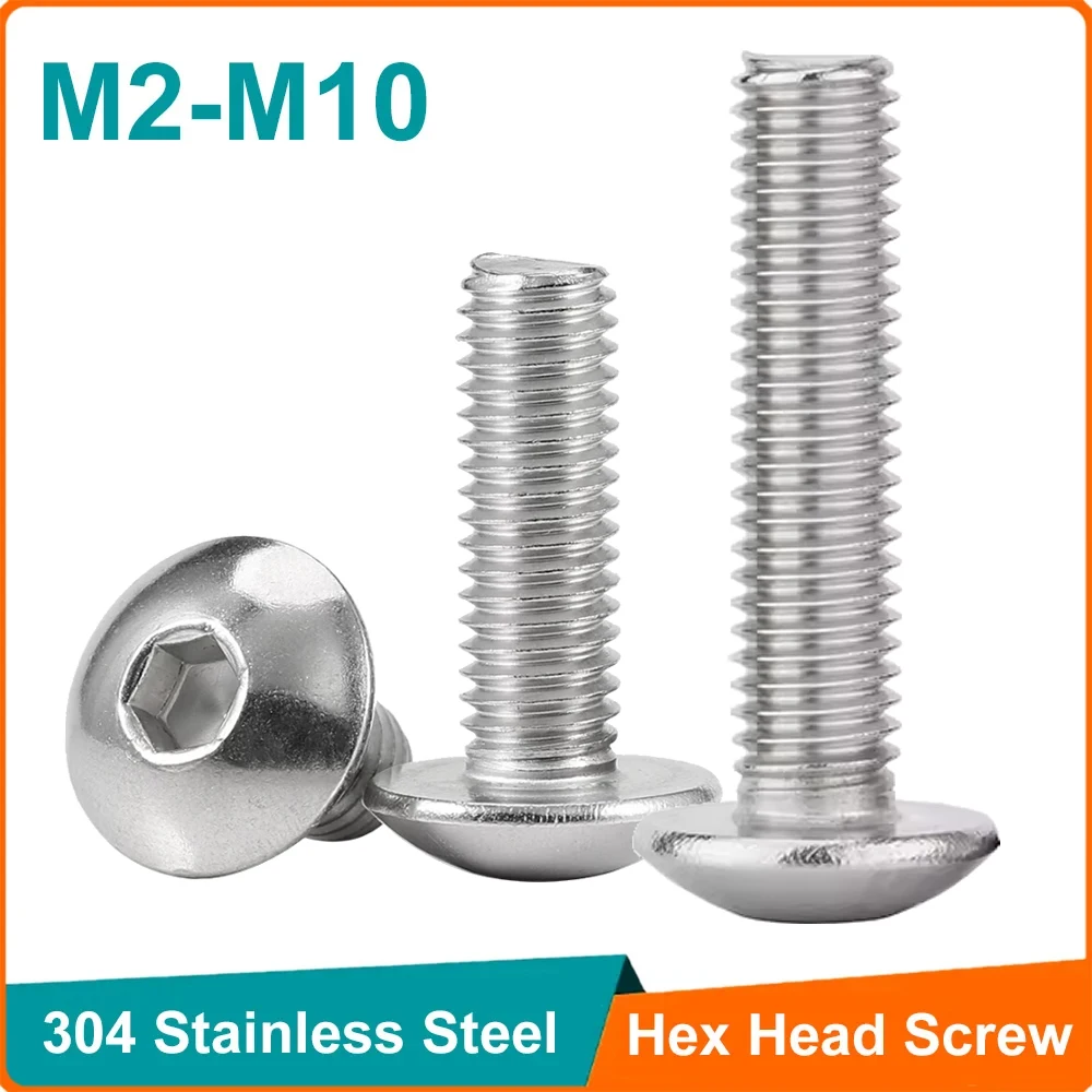 2-100pcs 304 Stainless Steel M2 M2.5 M3 M4 M5 M6 M8 M10 Hex Socket Head Screws Mushroom Head Hexagon Button Head Bolt Screws