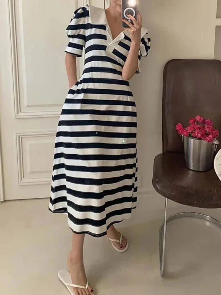 

Fashion Chic Retro Women Slim Fit Striped Dress French Temperament Lady Lapel Slim Fit Contrasting Color Versatile A-line Dress