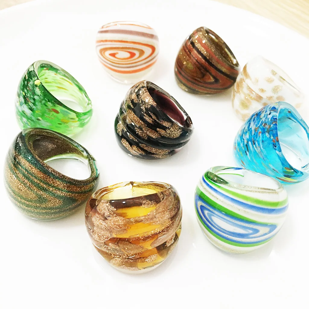 9PCS Wholesale Randomly Mix Color Lampwork Glass Murano Rings For Women Gold Foil Color 17-19mm Band Random Model