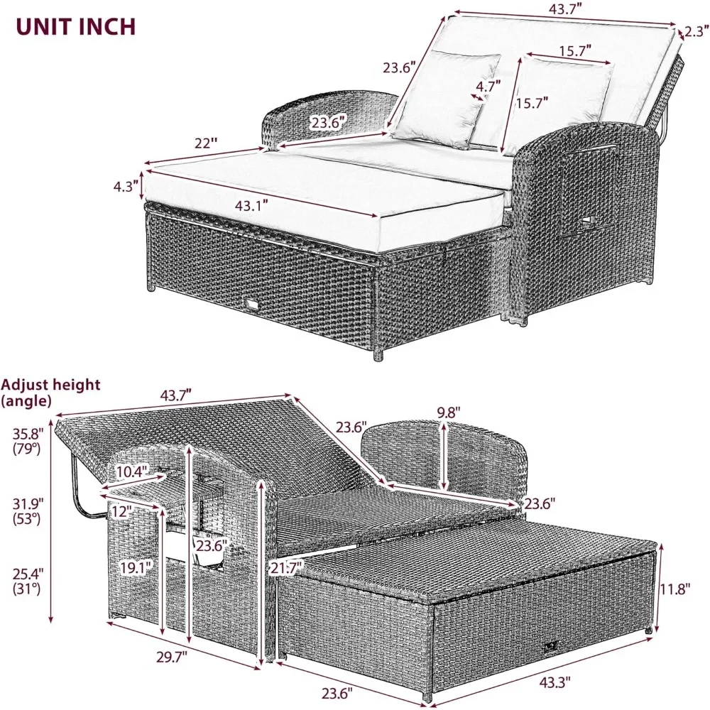 Chaise Lounge ao ar livre, cadeira reclinável dupla de vime PE para pátio, espreguiçadeira para 2 pessoas com 3 encosto ajustáveis |