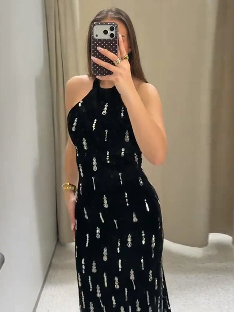 

﻿Chic Beading Velvet Backless Evening Dress Women Halter Sleeveless Diamond Split Long Robe 2026 Spring Chic Lady Party Dresses