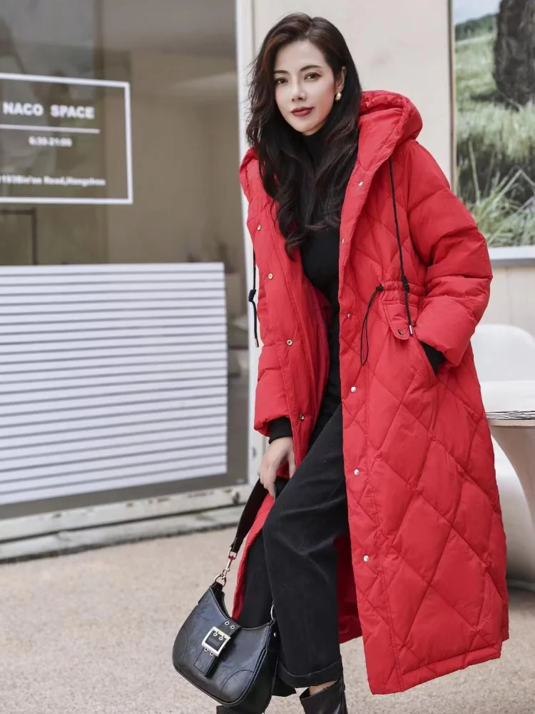 Winter Warm Coat Fashion Rhombus Long Down Jacket Hooded Drawstring Warm Coat 2024 New Casual Versatile Long Parka Coat