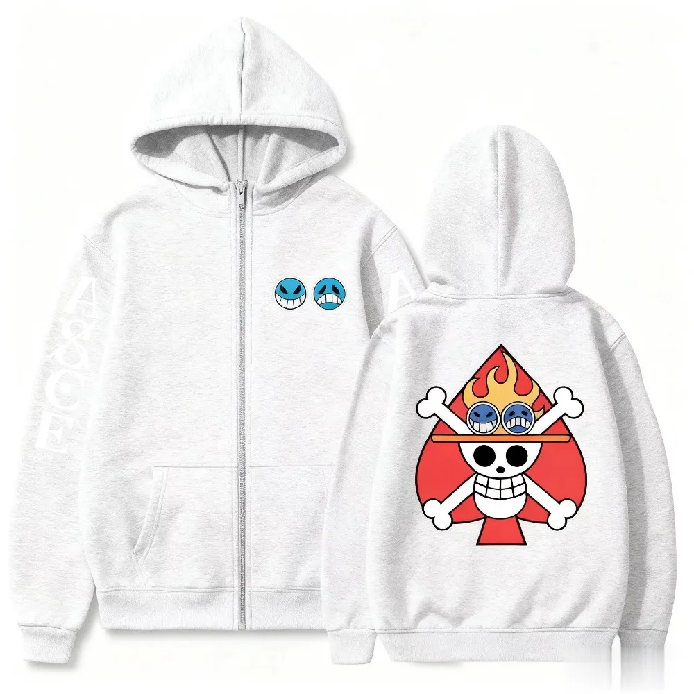 ワンピースのアニメプリント入りフード付きジップアップジャケット、ストリート系、ゆったりとしたプルオーバー、秋冬用フリーストップ