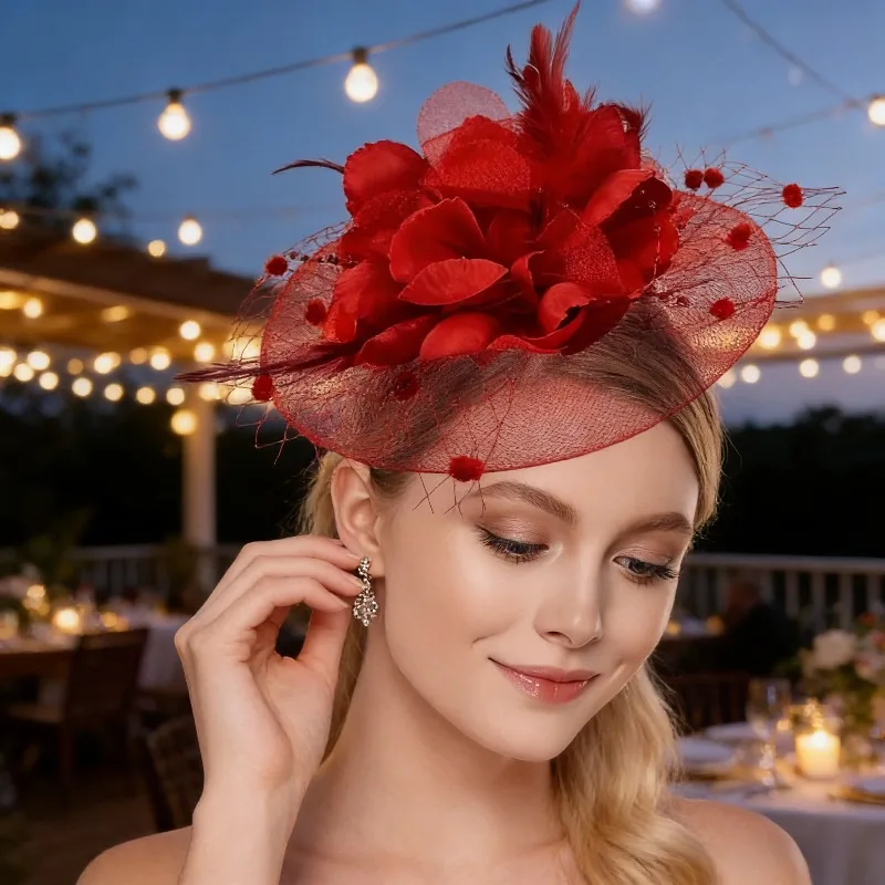 

1-piece Set of Charming Hat Derby Tea Party Women Headwear Girls Flower Net Ribbon Feather Headband Suitable for Dinner Parties
