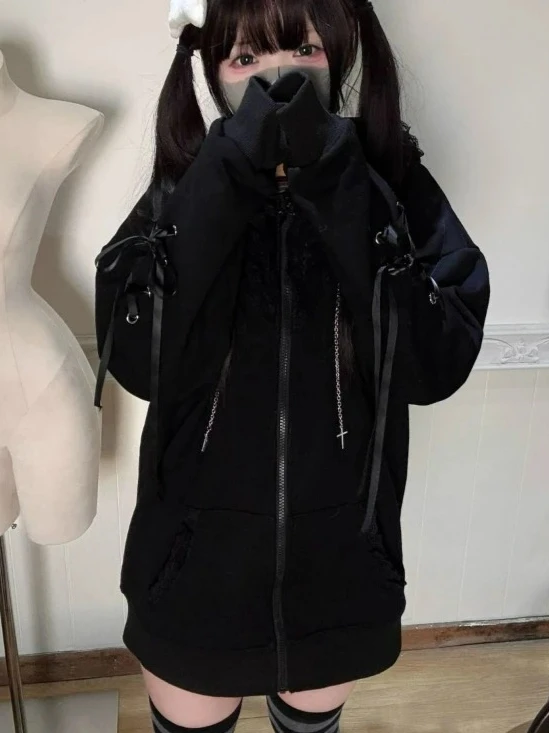 Kawaii آذان القط مقنعين هوديس غير رسمية النساء Y2k الجمالية الجرونج عادية ضمادة سستة البلوز اليابانية معطف الموضة الإناث