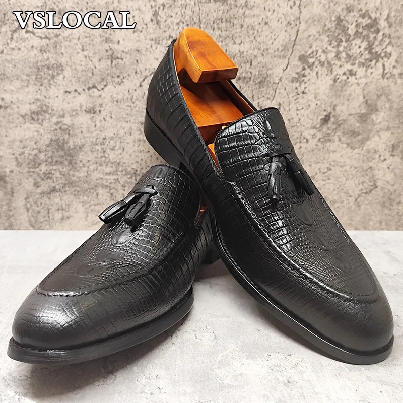 

Luxury Brand Men Loafers Shoes Black Crocodile Print Tassels Casual Mens Dress Shoes Wedding Office Leather Shoes Men