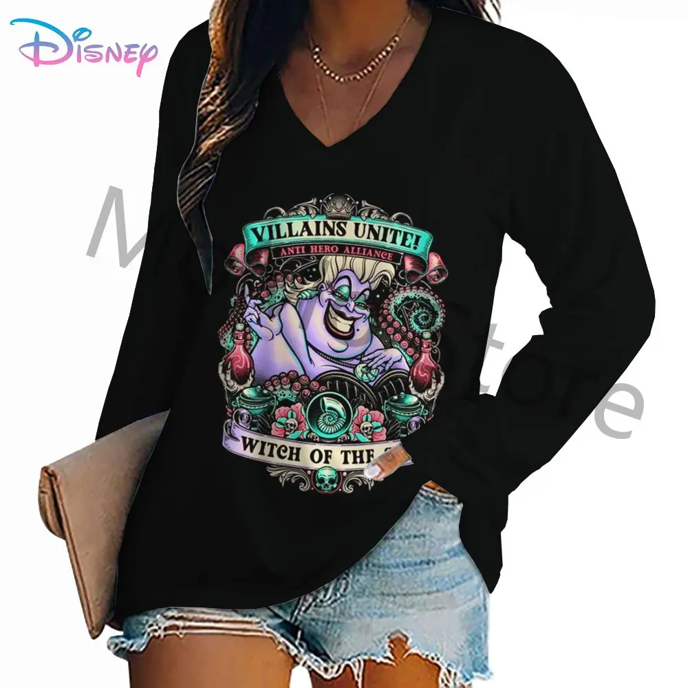 Disney Evil Queen V Neck Women's Long Sleeve T-shirts New High Quality S-3XL Top Youthful Woman Clothes Streetwear Y2k Lovely