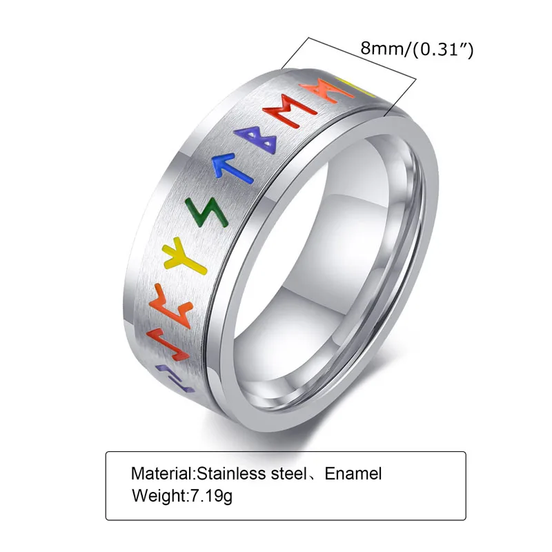 Spinner LGBT Pride Rings for Women Men Norse Viking Runes Stainless Steel Rotatable Band Rings Rainbow Color Fidget Band Ring