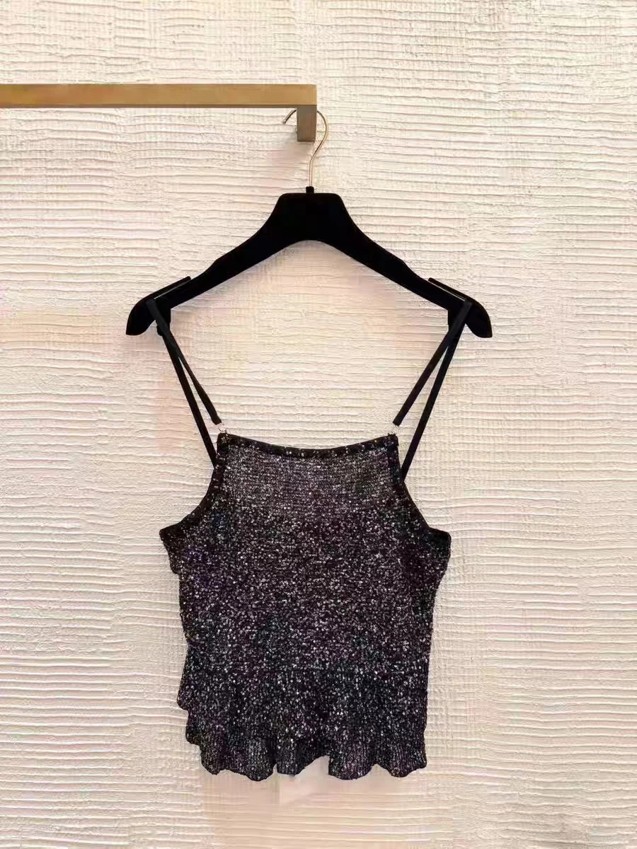 

Spring/Summer 2025 Trendy – Rhinestone Button Detail Slimming Sequined Knit Tank Top for Women