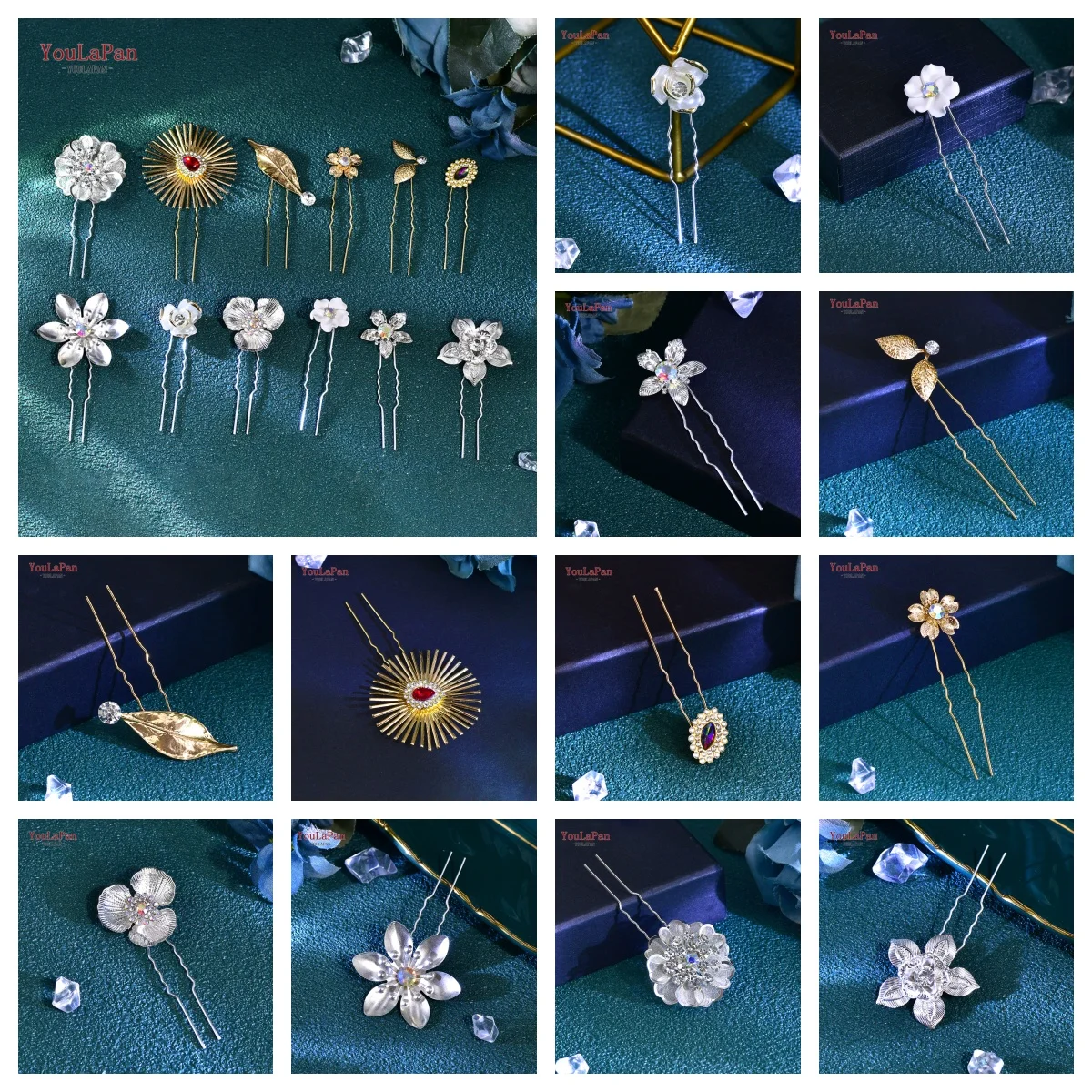 

YouLaPan Bridal Wedding Flower Hair Pins Gold Silver Color Rhinestone Hair Accessory for Women Vintage Style Headpieces Gift