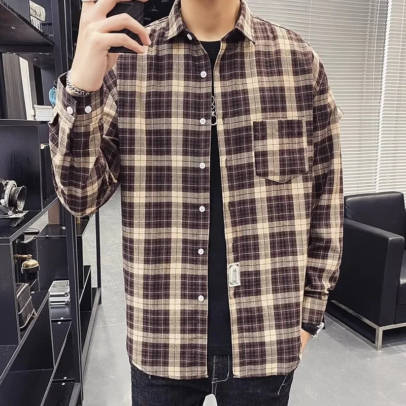 Men Plaid Shirt Flannel Long Sleeve Stripe Shirts Street Pocket Japan Cotton Loose Slim Fit Male Casual Soft Tuxedo Formal Shirt