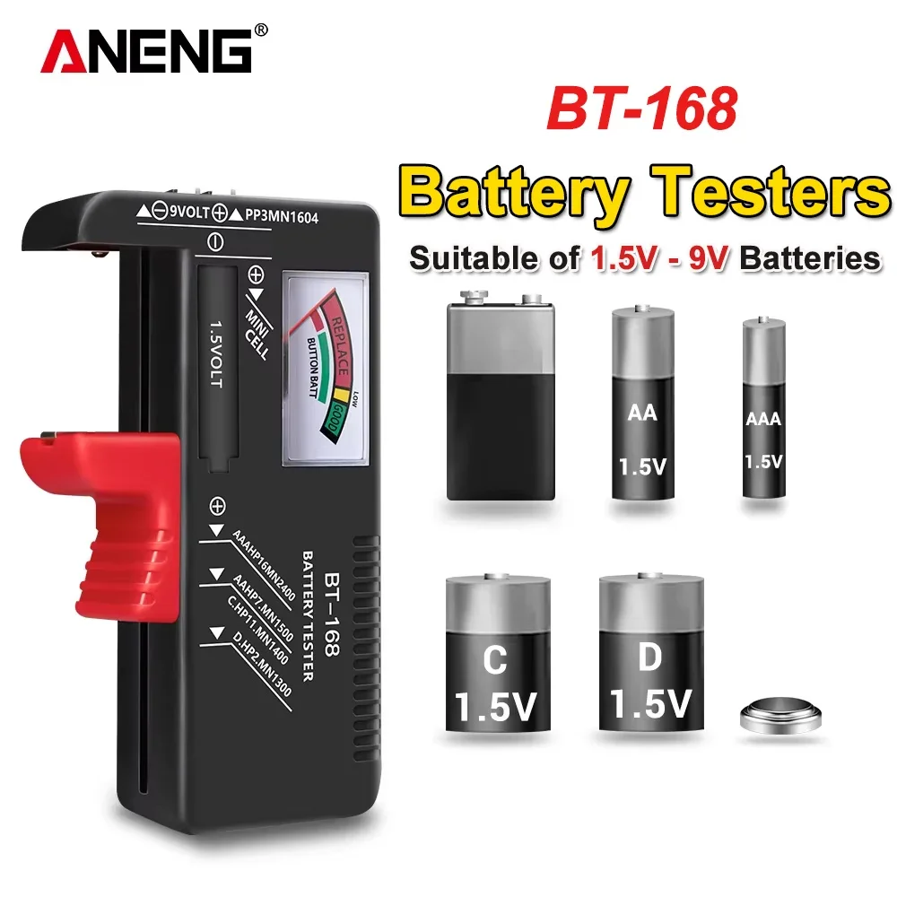 AA/AAA/C/D/9V/1.5V Universal Battery Container Tester Button Cell Batteries Tester Meter Indicate Tester Checker BT168 Pointer