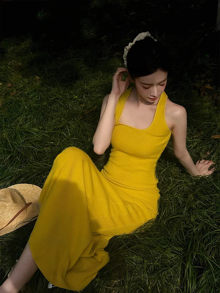 

Yellow Strapl Long Dr Women's High Waist A-Line Skirt Summer Vaion Beach Sle Korean Faion No Sve Square Ne