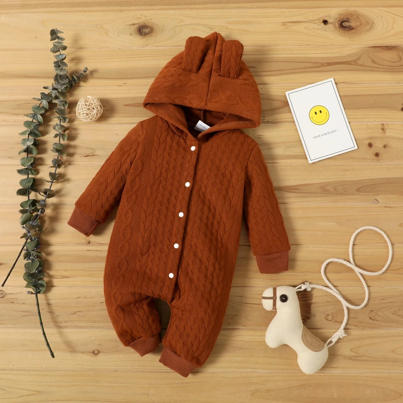 0-18 Month Newborn Baby Romper Boys Girls Cute Ears Solid Hooded Long Sleeve Baby Bodysuit Clothes Infant Autumn&Winter Costumes