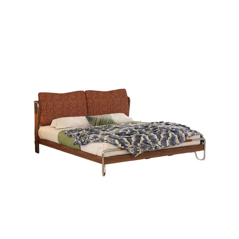 French retro solid wood flow shadow bed, simple antique double soft bag fabric bed in the bedroom