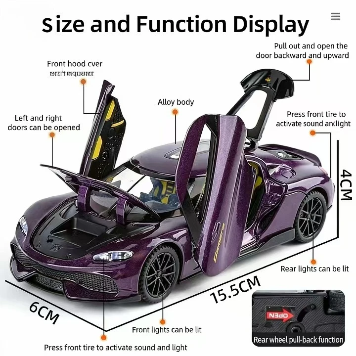 โมเดลรถสปอร์ตโลหะผสม 1:24 โคเอนิกเซ็ก จีมินี พร้อมเสียง แสง ฟังก์ชั่นเปิดประตู และฟังก์ชั่นดึงหลังสำหรับเด็ก