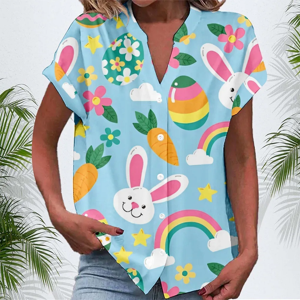 Summer T-shirt Women Casual Short Sleeve Easter Egg Print Loose Shirts Vintage Harajuku Oversized V-Neck Tops Elegant Blusas