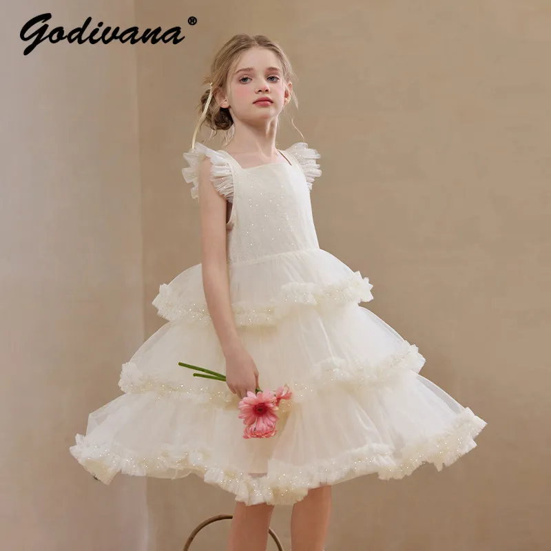 Little Girls Sweet New Summer Mesh Cake Dress Kids Flutter Sleeve High Waist Tulle Ruffle Trim Piano Performance Princess Gown