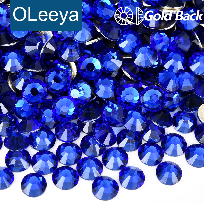 OLeeya Sapphire Crystal Glass Non Hotfix Rhinestones Gold Base Flatback Strass Stones стразы For DIY Nail Art Crafts Accessories