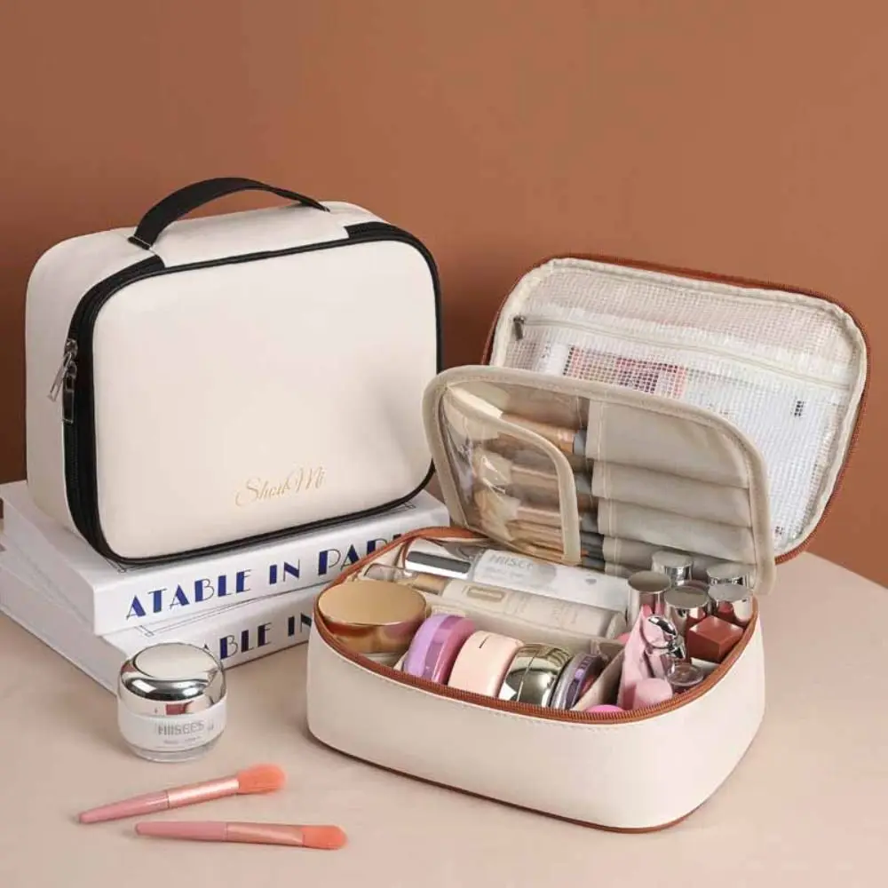 

Portable Square PU Leather Cosmetic Bag Zipper Waterproof Pillow Makeup Pouch Detachable Multifunction Travel Wash Bag Travel