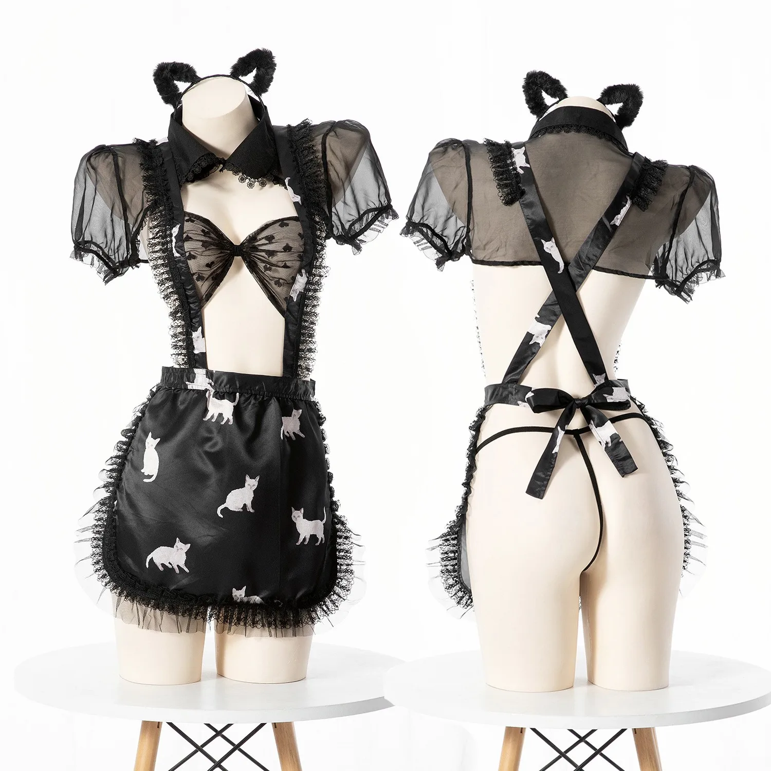 

Anime Cute Lolita Maid Girl Bowknot Cat Printed Hollow Out Lingerie Mesh Apron Dress Underwear Set Anime Cosplay Uniform Suit