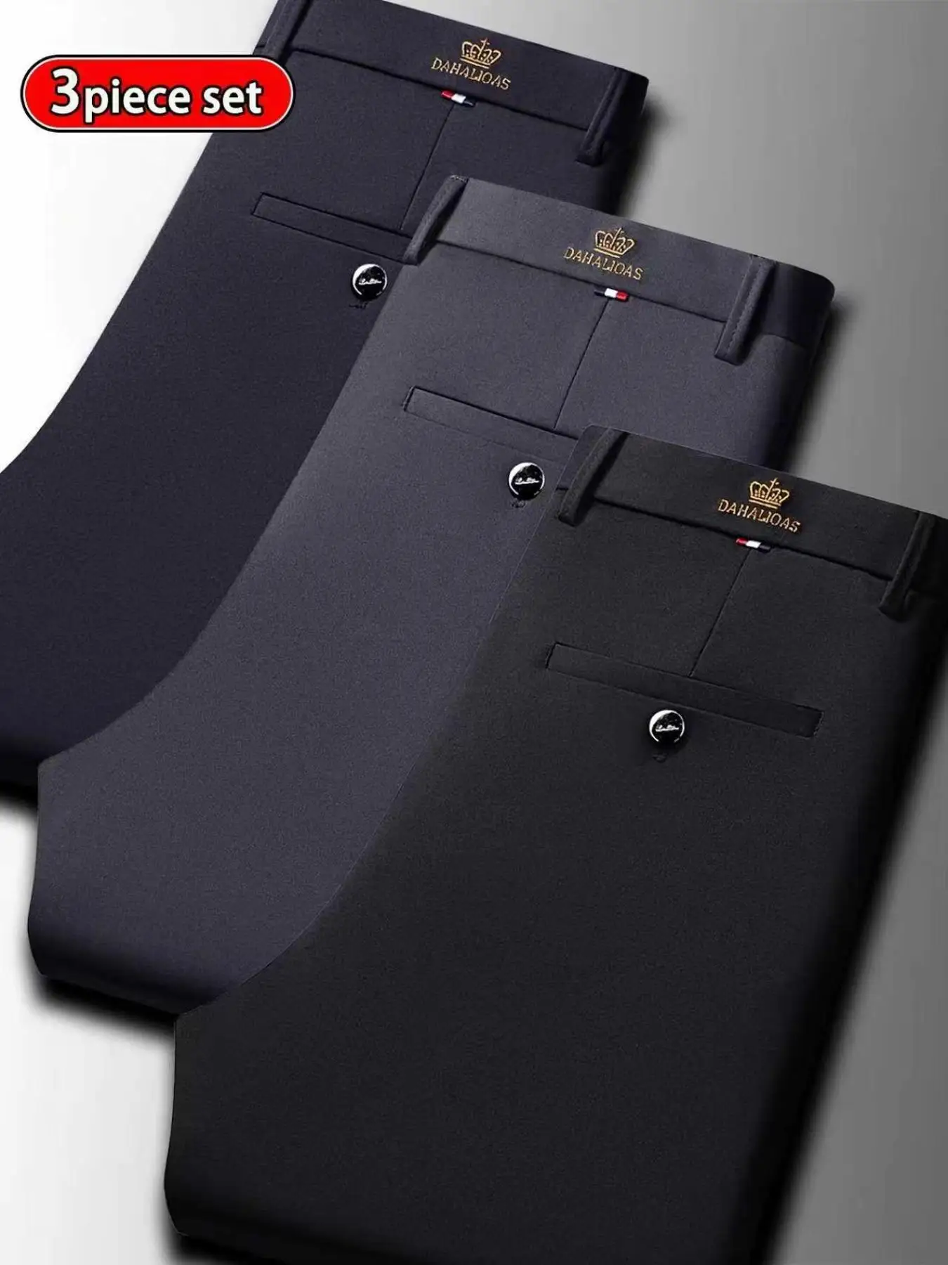3-Pack Men's High Stretch Anti-Wrinkle Business Pants | Spring Autumn Straight Fit Non-Iron Casual Trousers | Luxury Crown Embro