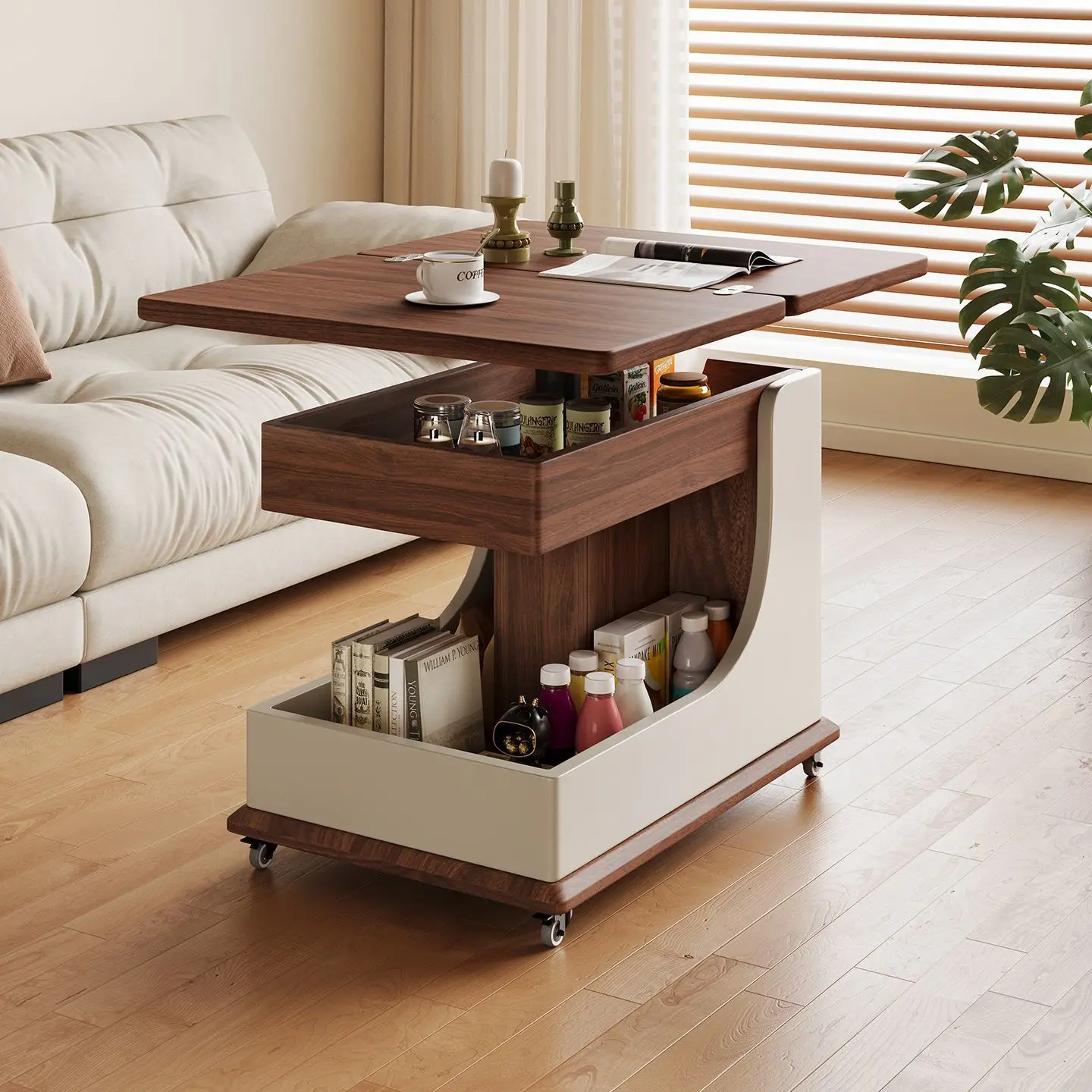 HYS solid wood liftable folding mobile simple coffee table small apartment side table trolley dual-purpose tea table sofa