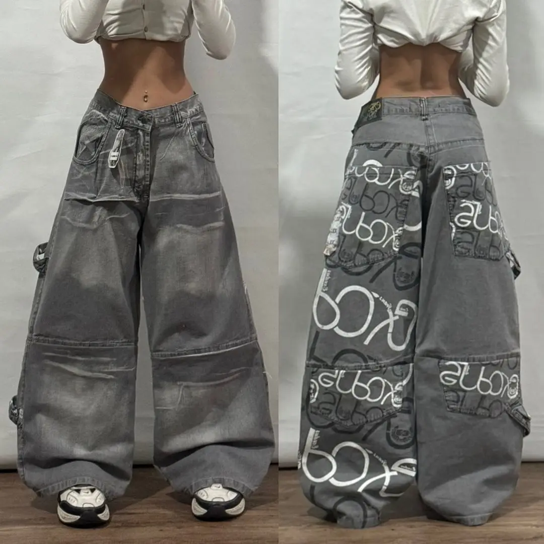 Y2k Jeans neue koreanische Harajuku Hip Hop Street Baggy Jeans Frauen Vintage Taschen buchstaben schwarz Gothic Freizeit hose Skateboard hose