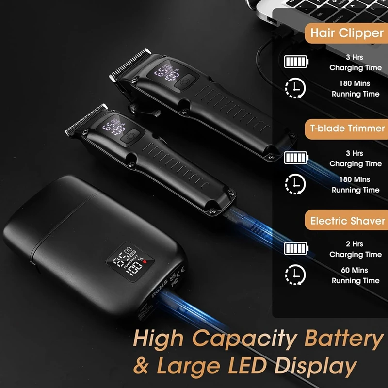 M14K-Men's Professional Hair Clipper, 3 In 1 Hair Clipper Beard Trimmer And Electric Shaver Set With LED Display