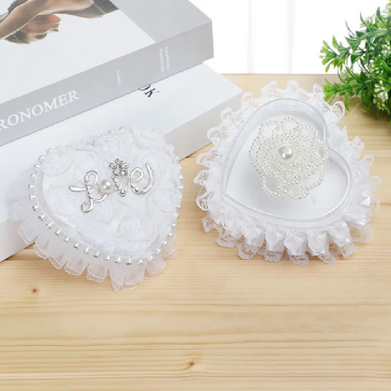 Ring Box Heart Wedding Lace Holder Pillow Ceremony Pillows Jewelry Bearer White Shape Boxes Pearl Rhinestone Case Love Proposal