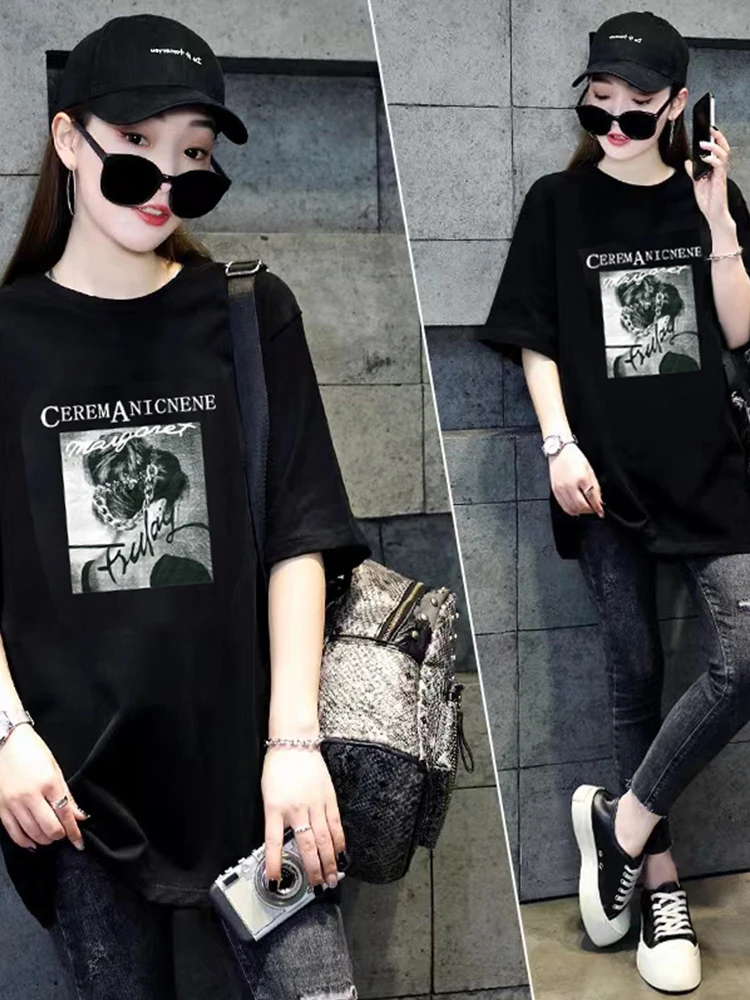 Ice Silk ort Sve T-irt Women's Loose Lazy Sle Summer Retro Cool Feeling Cotton Korean Version round Ne Print Top