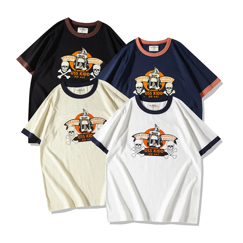 

OKONKWO Heavy Thick Japanese Retro Samurai Print T-shirt 210g Unisex Colorblocked Threaded Short-sleeved TEE