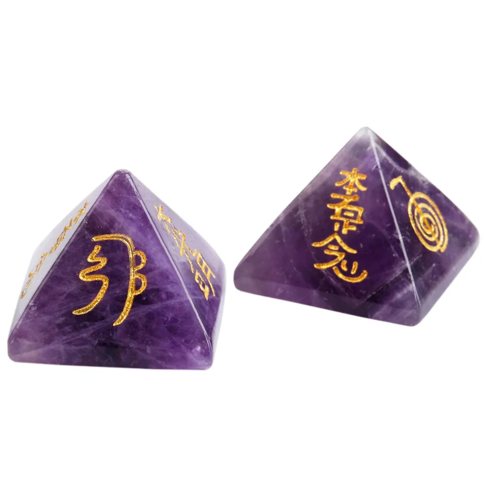 

Engraved Reiki Symbol Purple Crystal Pyramid Healing Chakra Stone Meditation Decor Spiritual Energy Figurine Jewelry Decoration