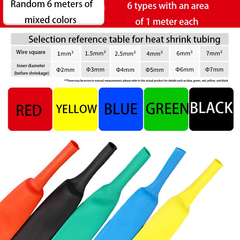 6M/1/2/3/4/5/6/7/8/10/12mm One Meter Each Size  Color Heat Shrinkable Tube Shrink Tube Kit Insulation TubingWire Cable Insulatio