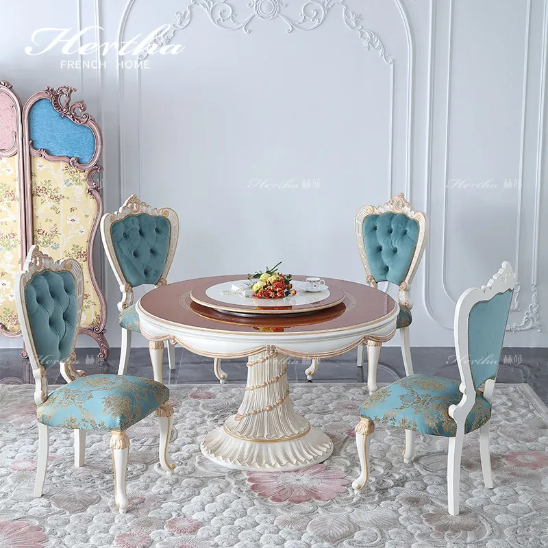 

LMM court French 1.5M dining table and chair combination dining table 1.8M round dining table solid wood furniture