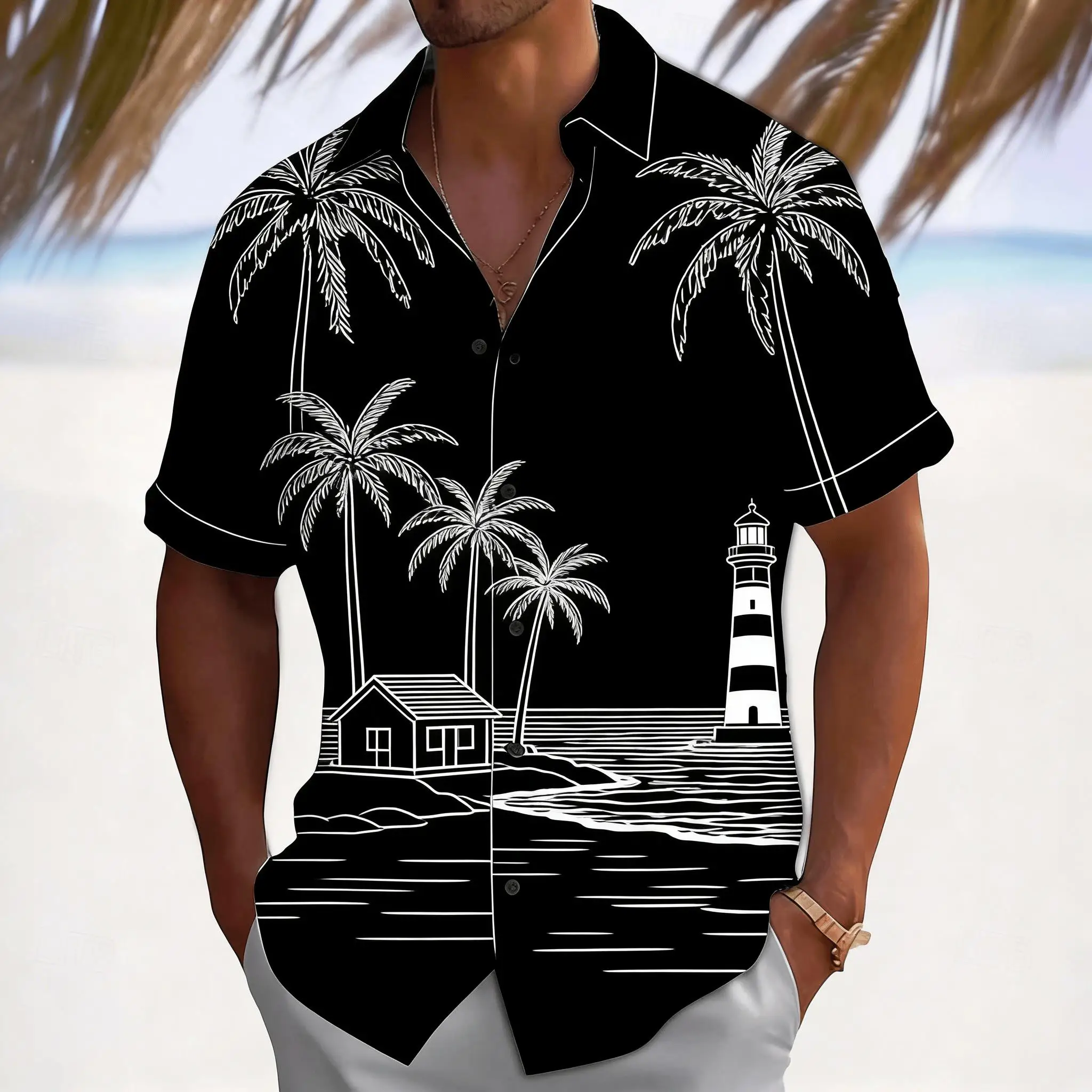 

Men's Lighthouse & Palm Tree Print Short Sleeve Shirt, Black White Nautical Scene Button Down for Spring Summer Casual