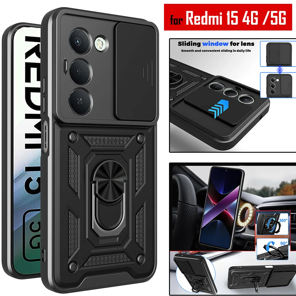 

Чехол Slide Lens Armor Funda для Xiaomi Redmi 15 5G, чехол для Redmi 15 4G, магнитный держатель с кольцом-подставкой, противоударная задняя крышка