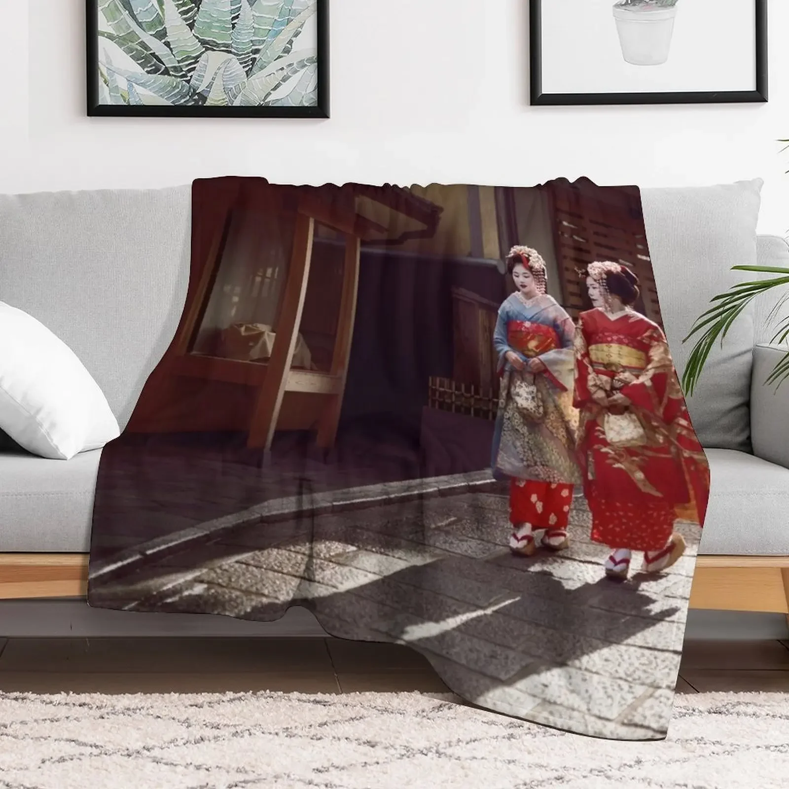 Two Geisha apprentices Maiko in bright kimono walking down an old street in Kyoto Japan art photo print Throw Blanket