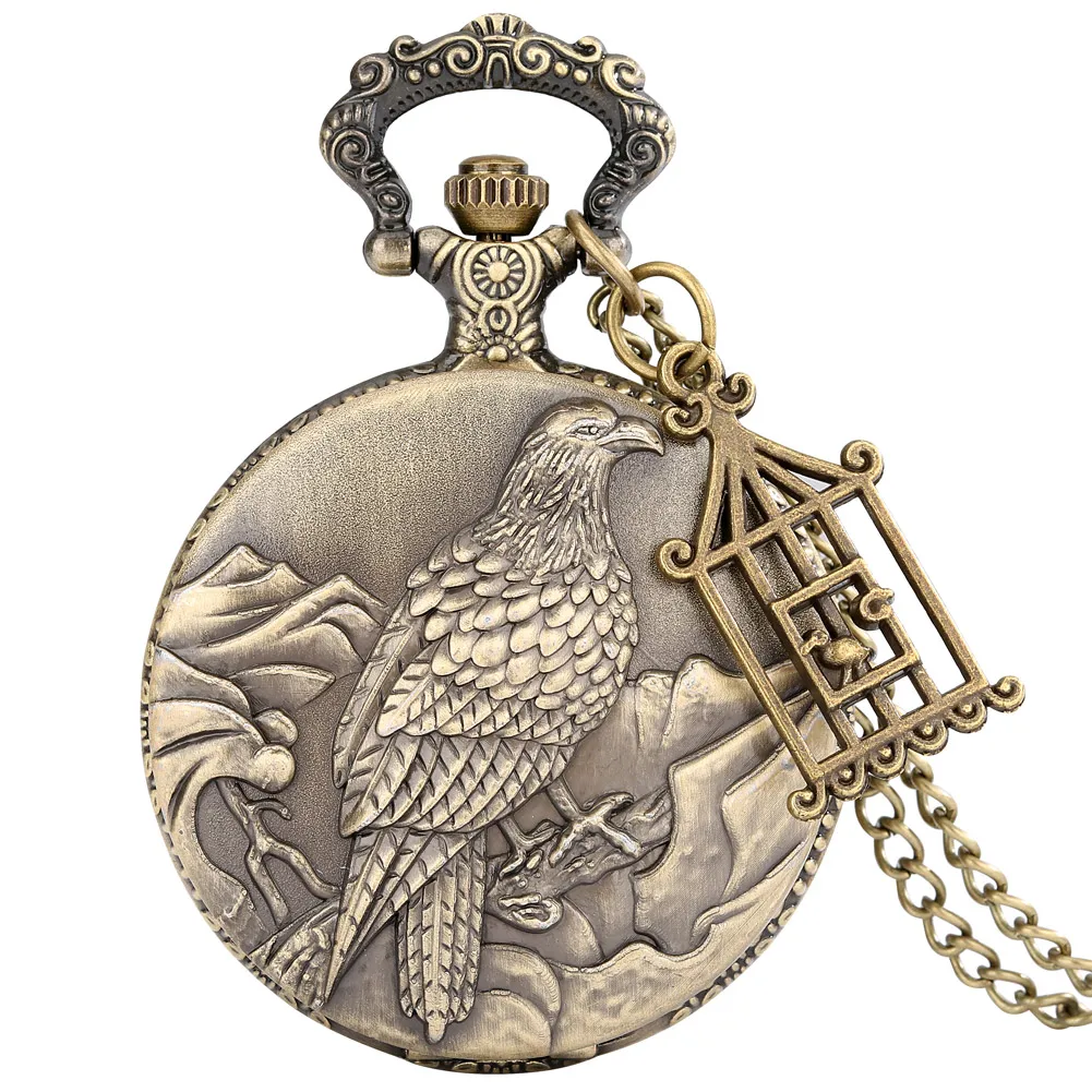 Unique Gift Quartz Movement Bronze Vintage Men's Large Pocket Watch Big Bird Surface Cover Birds Cage Tag Luxuries Pendant Clock