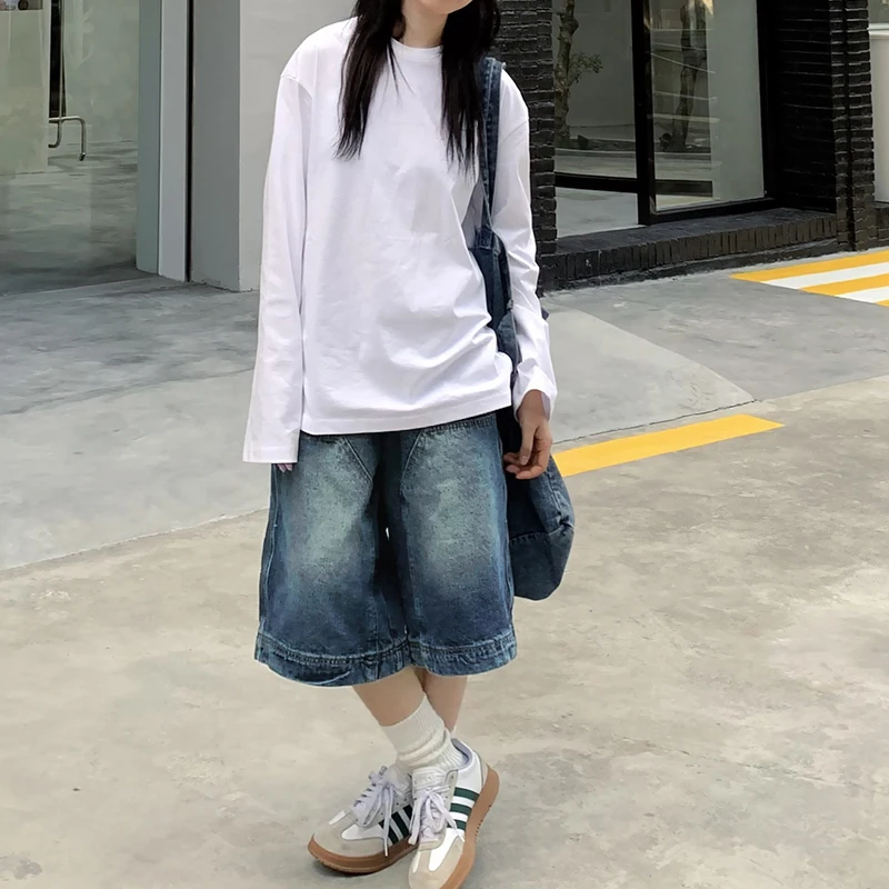 Y2K Vintage Baggy Jean Shorts Womens Washed Wide Leg Capri Pants Casual Barrel Denim Shorts