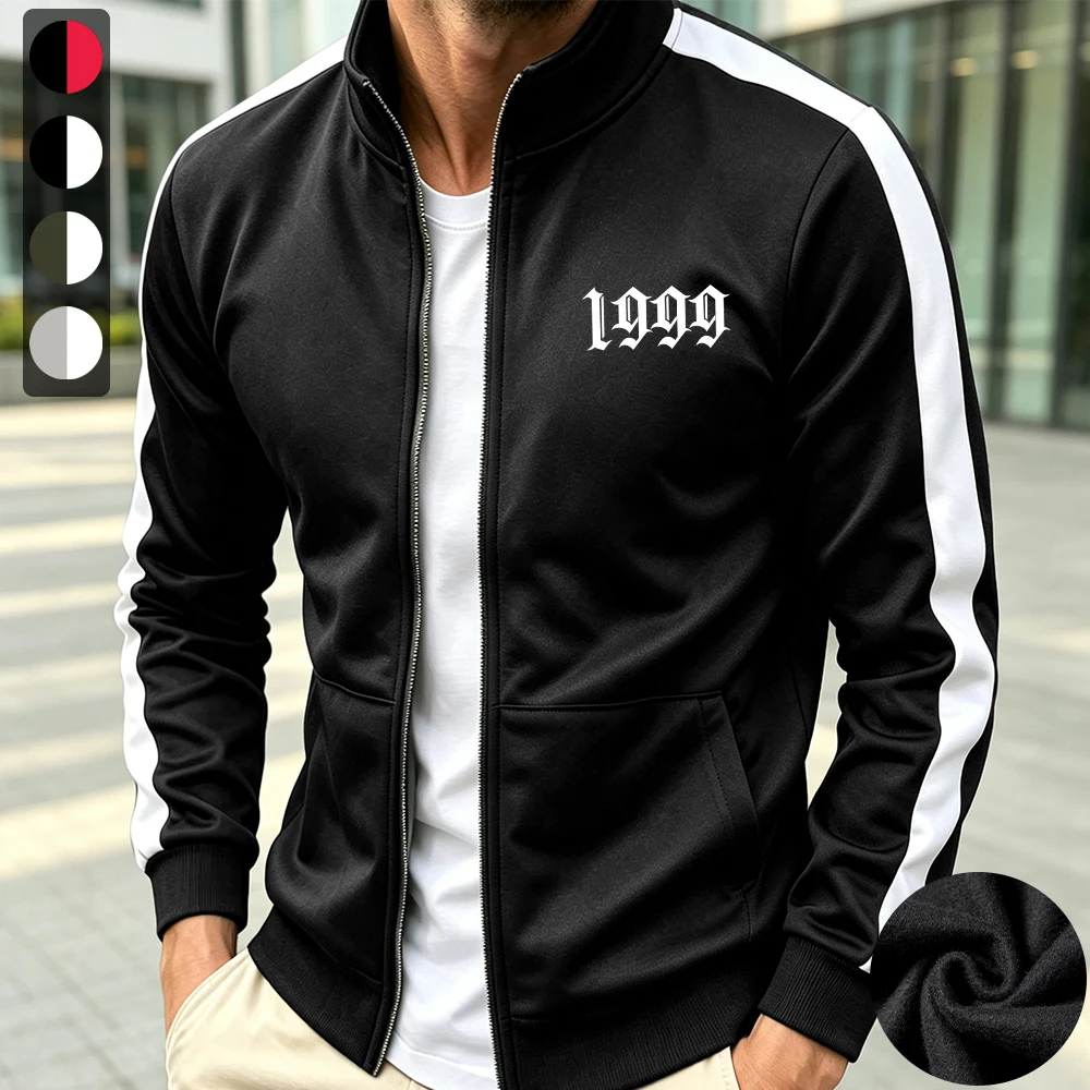 Men's Trendy 1999 Print Casual Jacket Warm Zip Up Outerwear For Spring Autumn Suitable For Daily Wear Running Fitness And Sports