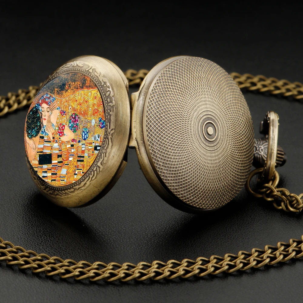 Retro Kiss Gustav Klimt Design Theme Pattern Bronze Pocket Watch Women Men Pendant Necklace Jewelry Watches Gift