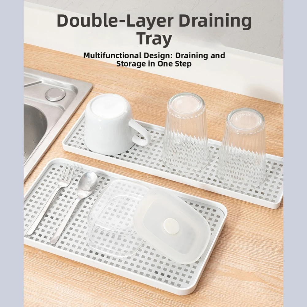 Commercial Kitchen Floor Drain - ถาดพลาสติกสำหรับระบายน้ำ 2 ชั้น ถาดกันลื่นพร้อมที่ระบายน้ำ ถาดสี่เหลี่ยมสำหรับครัว ที่วางช้อนส้อม