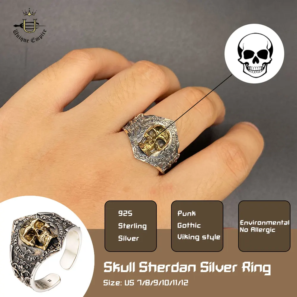 

925 Sterling Silver Viking Soul Awakening Skull Head Ring Gothic Skeleton Men's Open Adjustable Halloween Cool Motorcycle Party