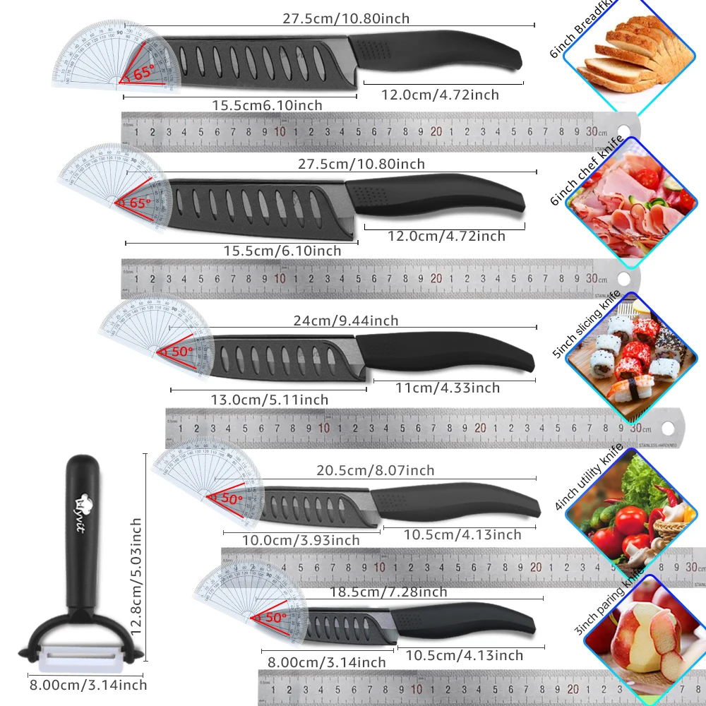 Ceramic Knives Kitchen Knives 3 4 5 6 inch Paring Utility Slicing Chef  Bread Set+Peeler Zirconia Black Blade Cooking Tool