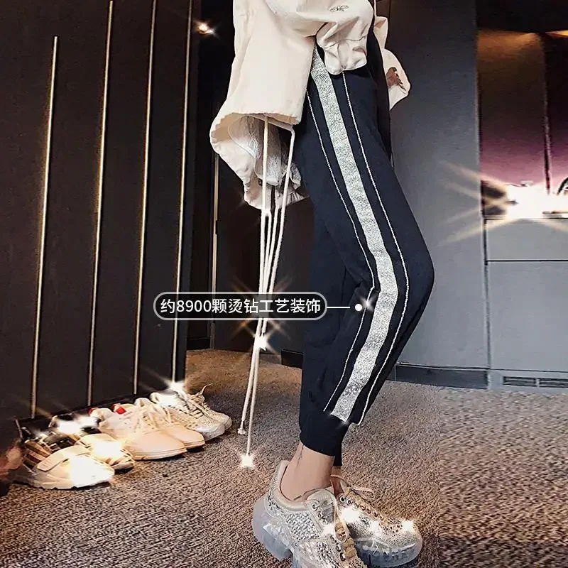 2021 New Hot Rhinestone High Waist Harem Casual Women 's Pants Loose Spring Summer Autumn